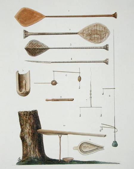 Society Islands: pangas, fishing hooks and other tools, from 'Voyage autour du Monde, executee par O od Antoine Chazal
