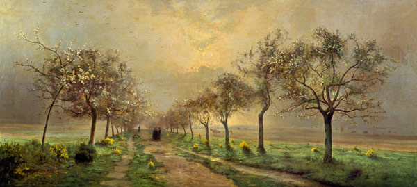 Blossoming fruit-trees in the early morning mist od Antoine Chintreuil