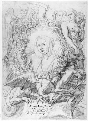 Catherine Monvoisin with the Three Fates on the right and Death on the left (pencil on paper) od Antoine Coypel