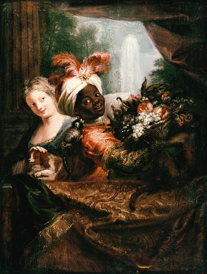 Young Black Man Holding a Basket of Fruit and a Young Girl Stroking a Dog od Antoine Coypel