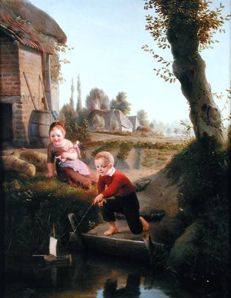 Two children playing with a boat od Antoine de Bruycker