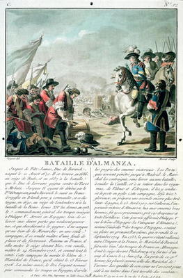 Battle of Almansa, 25th April 1707, engraved by Jean Baptiste Morret (fl.1790-1820), 1787 (colour li od Antoine Louis Francois Sergent-Marceau