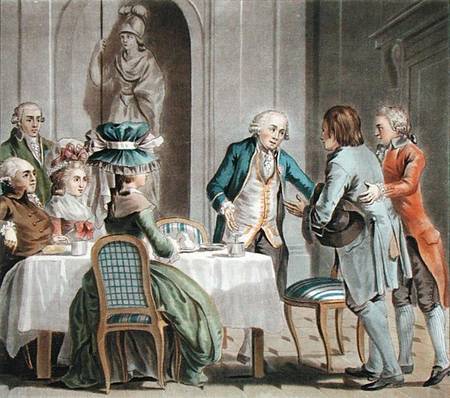 The Comte de Vaux (1705-88) offers food and drink to a farmer, engraved by Jean Baptiste Morret (fl. od Antoine Louis Francois Sergent-Marceau
