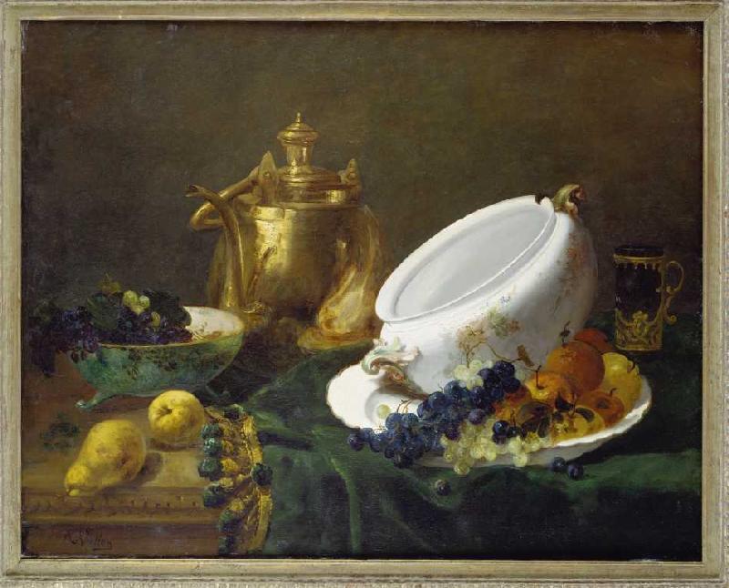 Quiet life with brass can, soup tureen and fruit. od Antoine Vollon