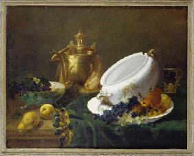 Quiet life with brass can, soup tureen and fruit.