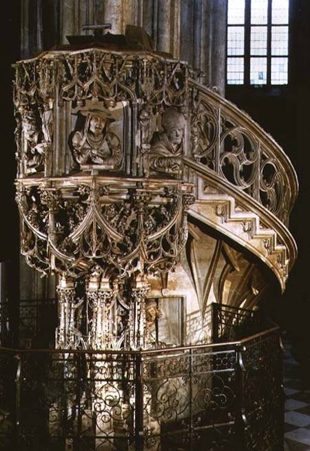 'Pilgram's Pulpit', decorated with busts of the Four Fathers of the Church, theologians representing od Anton  Pilgram