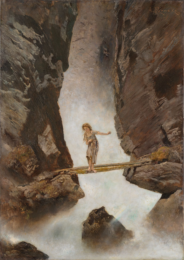 Girl crossing a mountain torrent od Anton Romáko