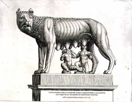 Drawing of the Etruscan bronze of the she-wolf suckling Romulus and Remus, 5th century BC, in the Ca od Antonio Lafreri