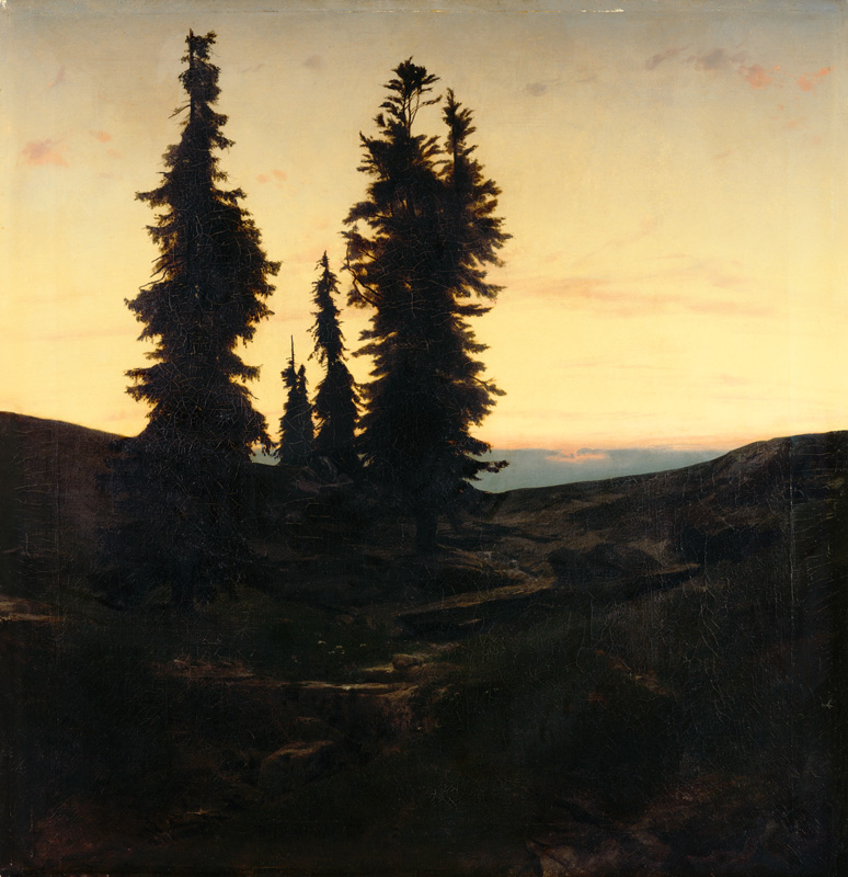 Weather firs in the Jura Mountains at sinking sun od Arnold Böcklin