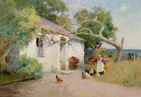 Feeding the Hens, 1894 (oil) od Arthur Claude Strachan