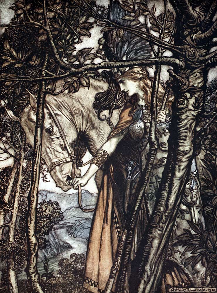 Brünnhilde leads her horse by the bridle. Illustration for "The Rhinegold and The Valkyrie" by Richa od Arthur Rackham