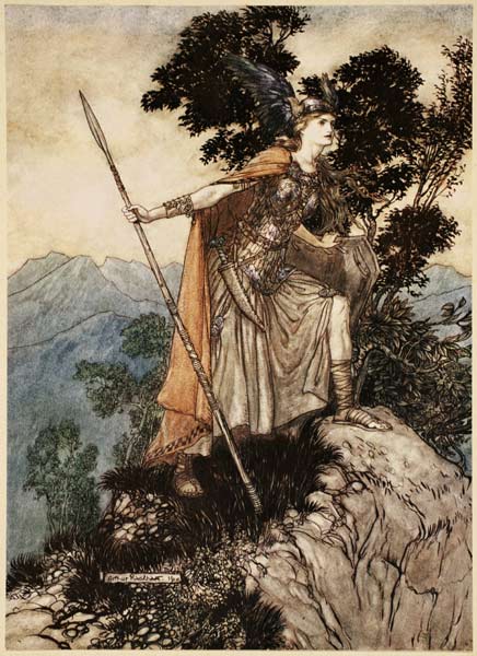 Brunhilde. Illustration for "The Rhinegold and The Valkyrie" by Richard Wagner od Arthur Rackham