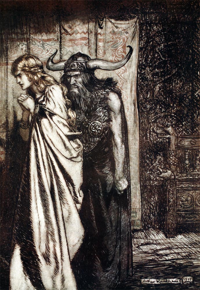 O wife betrayed I will avenge they trust deceived! Illustration for "Siegfried and The Twilight of t od Arthur Rackham