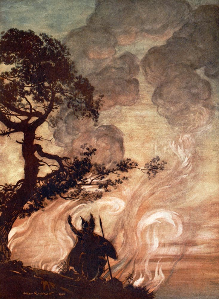 Wotan turns and looks sorrowfully back at Brünnhilde. Illustration for "The Rhinegold and The Valkyr od Arthur Rackham