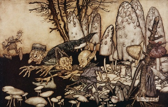 A band of workmen, who were sawing down a toadstool, rushed away, leaving their tools behind them fr od Arthur Rackham