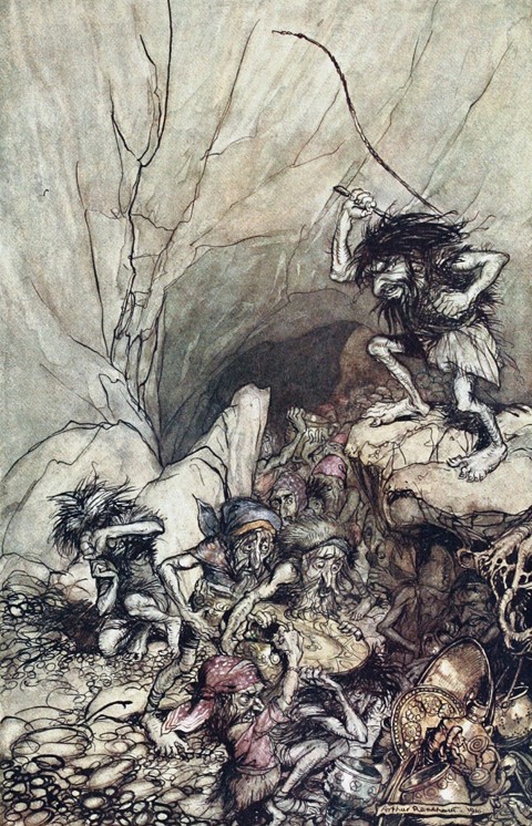 Alberich drives in a band of Niblungs laden with gold and silver treasure. Illustration for "The Rhi od Arthur Rackham