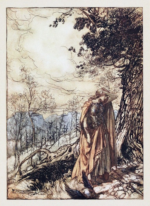 Brünnhilde. Illustration for "The Rhinegold and The Valkyrie" by Richard Wagner od Arthur Rackham