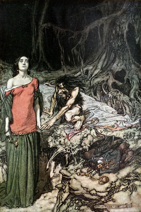 The wooing of Grimhilde, the mother of Hagen. Illustration for "Siegfried and The Twilight of the Go od Arthur Rackham