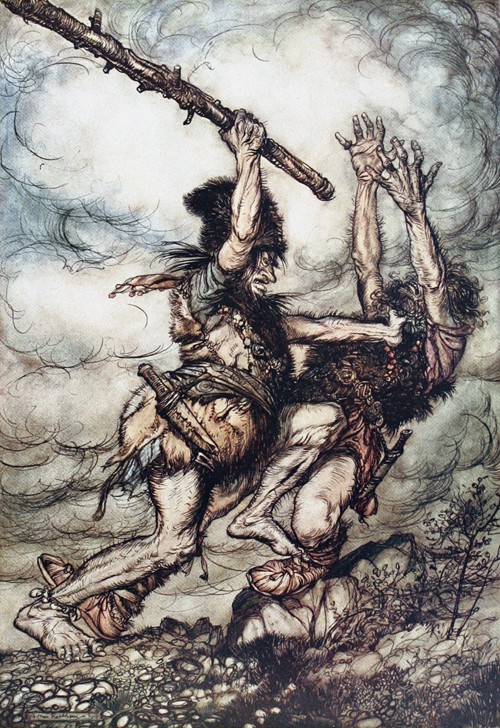 Giant Fafner Kills Fasolt. Illustration for "The Rhinegold and The Valkyrie" by Richard Wagner od Arthur Rackham
