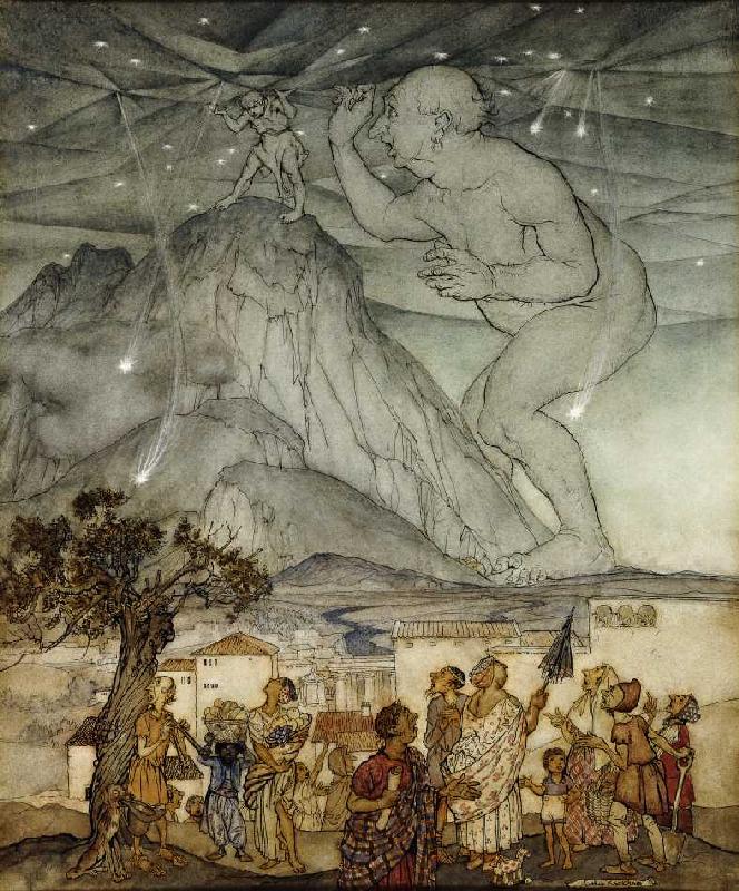 Herkules trägt für Atlas den Himmel (Zeichnung für 'Hawthorne's Wonder Book') od Arthur Rackham