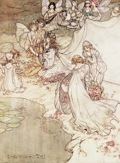 Illustration for a Fairy Tale, Fairy Queen Covering a Child with Blossom od Arthur Rackham