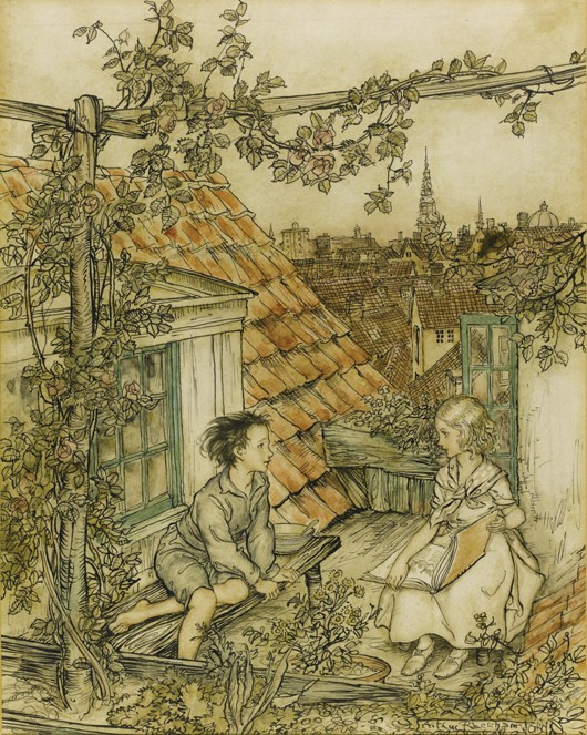 Kay and Gerda in their garden high up on the roof. Illustration for the tale of "The Snow Queen" od Arthur Rackham