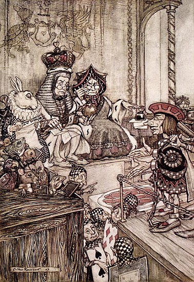 Knave before the King and Queen of Hearts, illustration to ''Alice''s Adventures in Wonderland'' Lew od Arthur Rackham