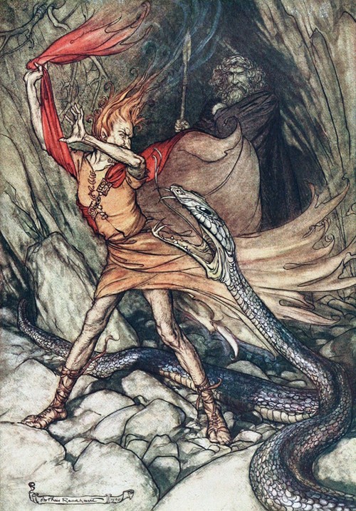 Ohe! Ohe! Terrible dragon, oh, swallow me not! Illustration for "The Rhinegold and The Valkyrie" by  od Arthur Rackham
