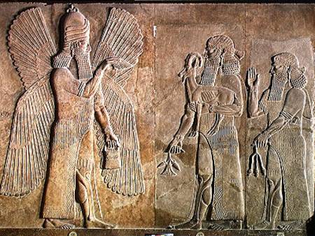 Frieze depicting a winged spirit, a sargon or priest carrying a gazelle and a worshipper carrying a od Assyrian