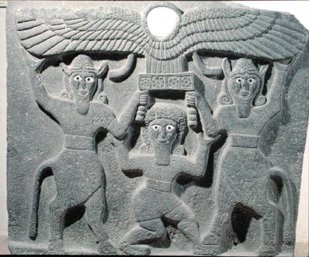 Relief depicting Gilgamesh between two bull-men supporting a winged sun disk, from Tell-Halaf, Syria od Assyrian