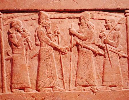 Relief depicting King Shalmaneser III (858-824 BC) of Assyria meeting a Babylonian od Assyrian