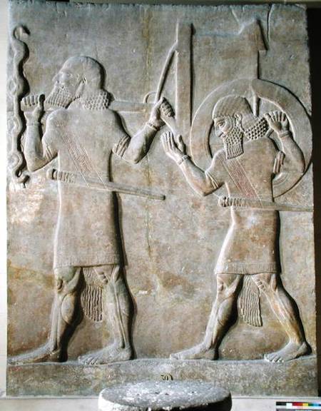 Relief depicting two soldiers carrying the king's war chariot, from the Palace of Sargon II, Khorsab od Assyrian