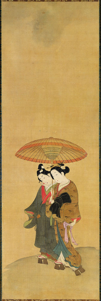 Two Lovers under an Umbrella (ink & colour on silk) od (attributed to) Toyonobu Ishikawa