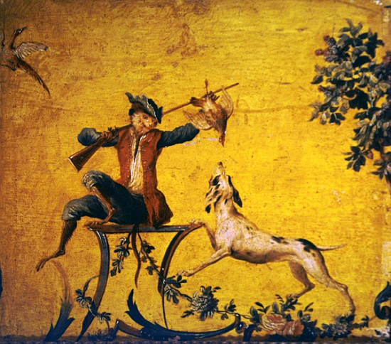 Monkey hunter and hunting dog (painted wood) od (attr. to) Christophe Huet