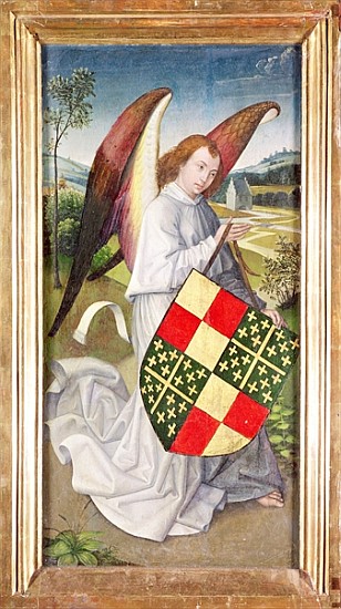Angel holding a shield emblazoned with the heraldic arms of the de Chaugy and Montagu arms, 1460-66 od (attr. to) Rogier van der Weyden