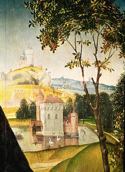 Landscape with castle in a moat and two swans, 1460-66 (detail of 344036) od (attr. to) Rogier van der Weyden
