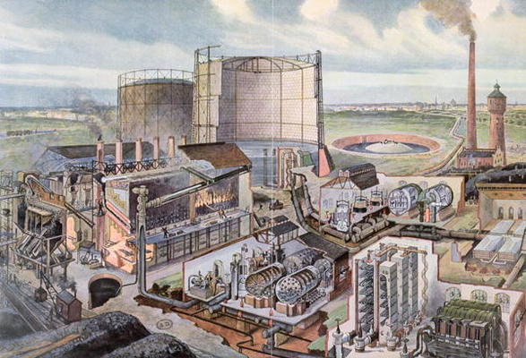 Cross section of a gas factory (colour engraving) od August Dressel