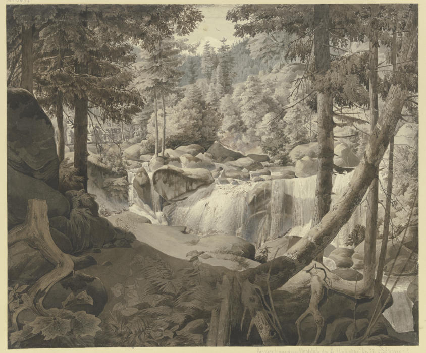 Waldlandschaft mit Wasserfall, im Hintergrund Pilger, über eine Brücke gehend od August Lucas