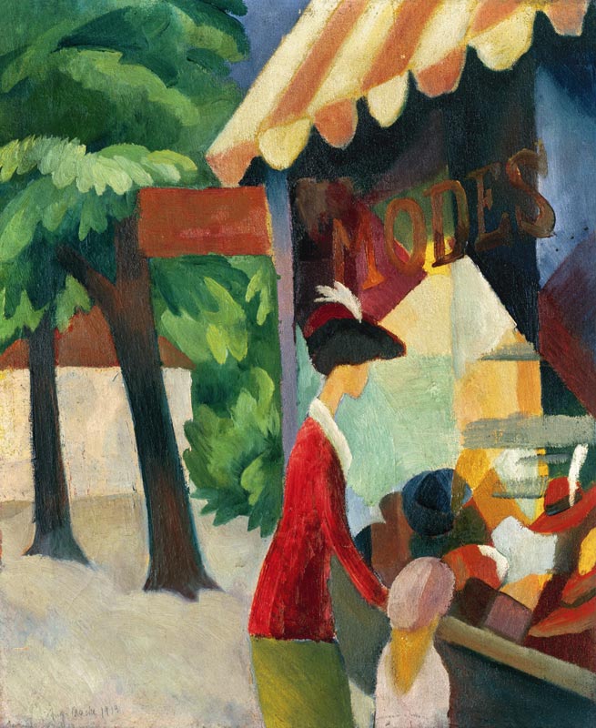 In front of the hat shop (woman with red jacket and child) od August Macke