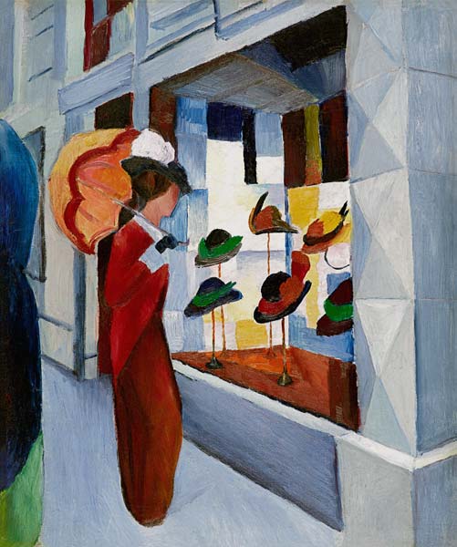Woman with parasol in front of a hat shop od August Macke