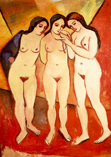 Three Naked Girls (red and orange) od August Macke