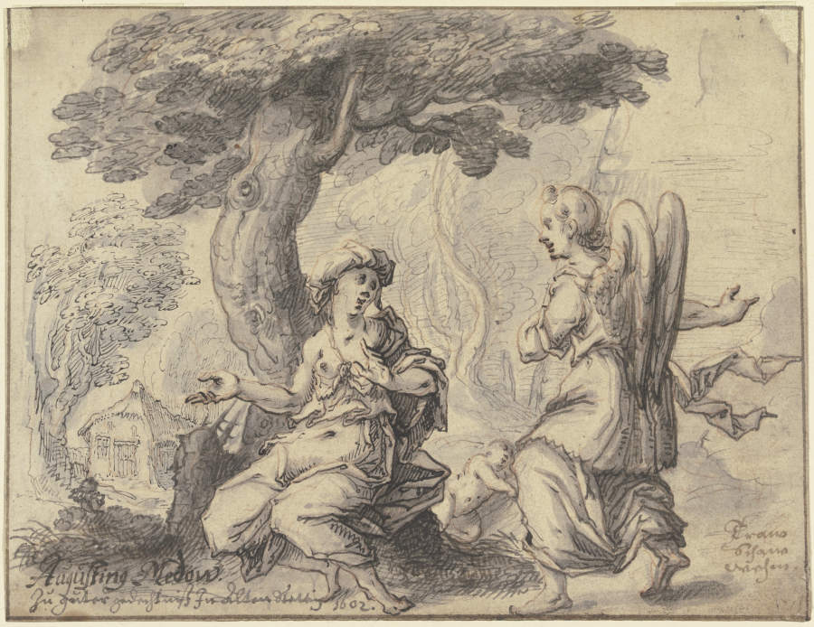 Der Hagar, die unter einem Baum sitzt, erscheint von rechts kommend ein Engel, zwischen ihnen liegt  od Augustin Medow