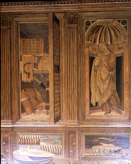 The Study of Federigo da Montefeltro, Duke of Urbino: intarsia panelling depicting (L) an open cupbo od Baccio Pontelli