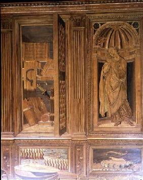 The Study of Federigo da Montefeltro, Duke of Urbino: intarsia panelling depicting (L) an open cupbo