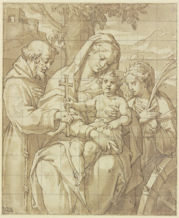 Madonna mit Kind, dem Heiligem Franziskus und der Heiligen Katharina od Baldassare Peruzzi