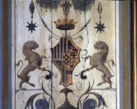 Painted window shutters depicting a coat of arms with two lions (tempera on wood)
