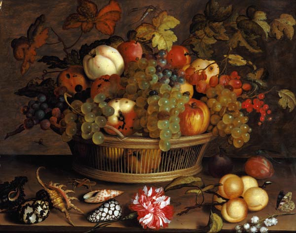 Quiet life with grapes, apples, peach, plums and flowers od Balthasar van der Ast