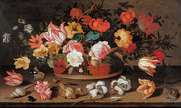 Roses, tulips, lilies and other flowers in a basket. od Balthasar van der Ast