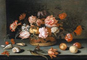 Quiet life with flowers, fruits, mussels and butterfly