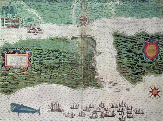 Map depicting the destruction of the Spanish colony of St. Augustine in Florida on 7th July 1586 by od Baptista Boazio